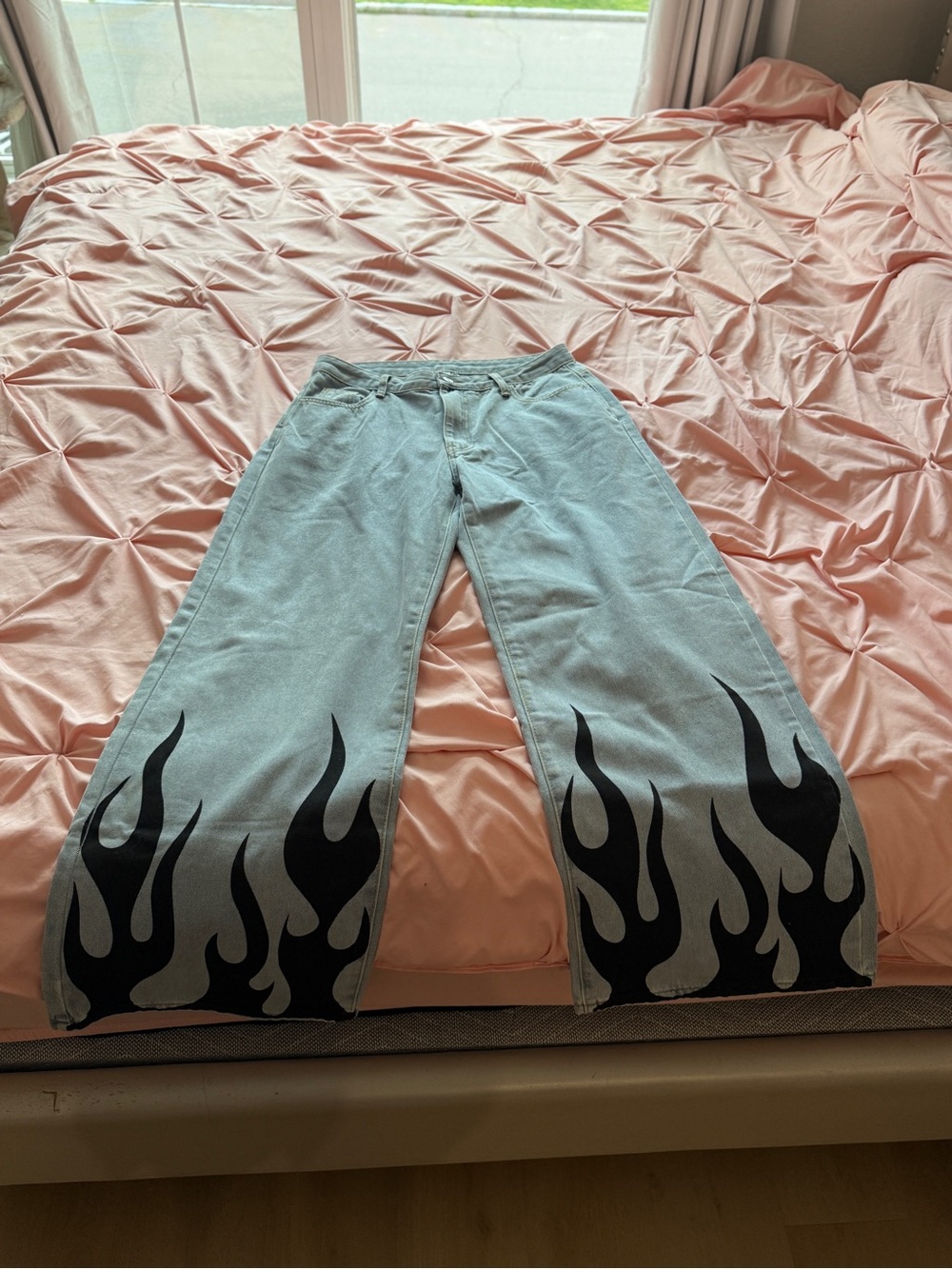 Light Wash Wide-Leg Flame Print Jeans